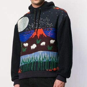 HENRIK VIBSKOV Volcano hoodie sweater wool blend Black and Blue Graphic small